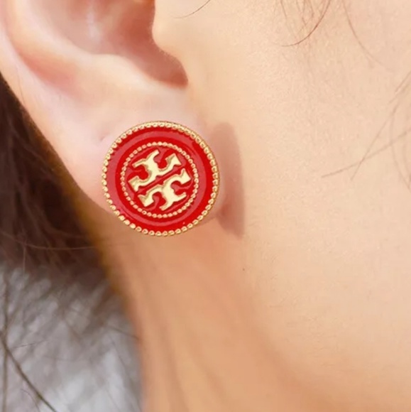 Tory Burch Red & Gold Button Logo Stud Earrings - Picture 5 of 5